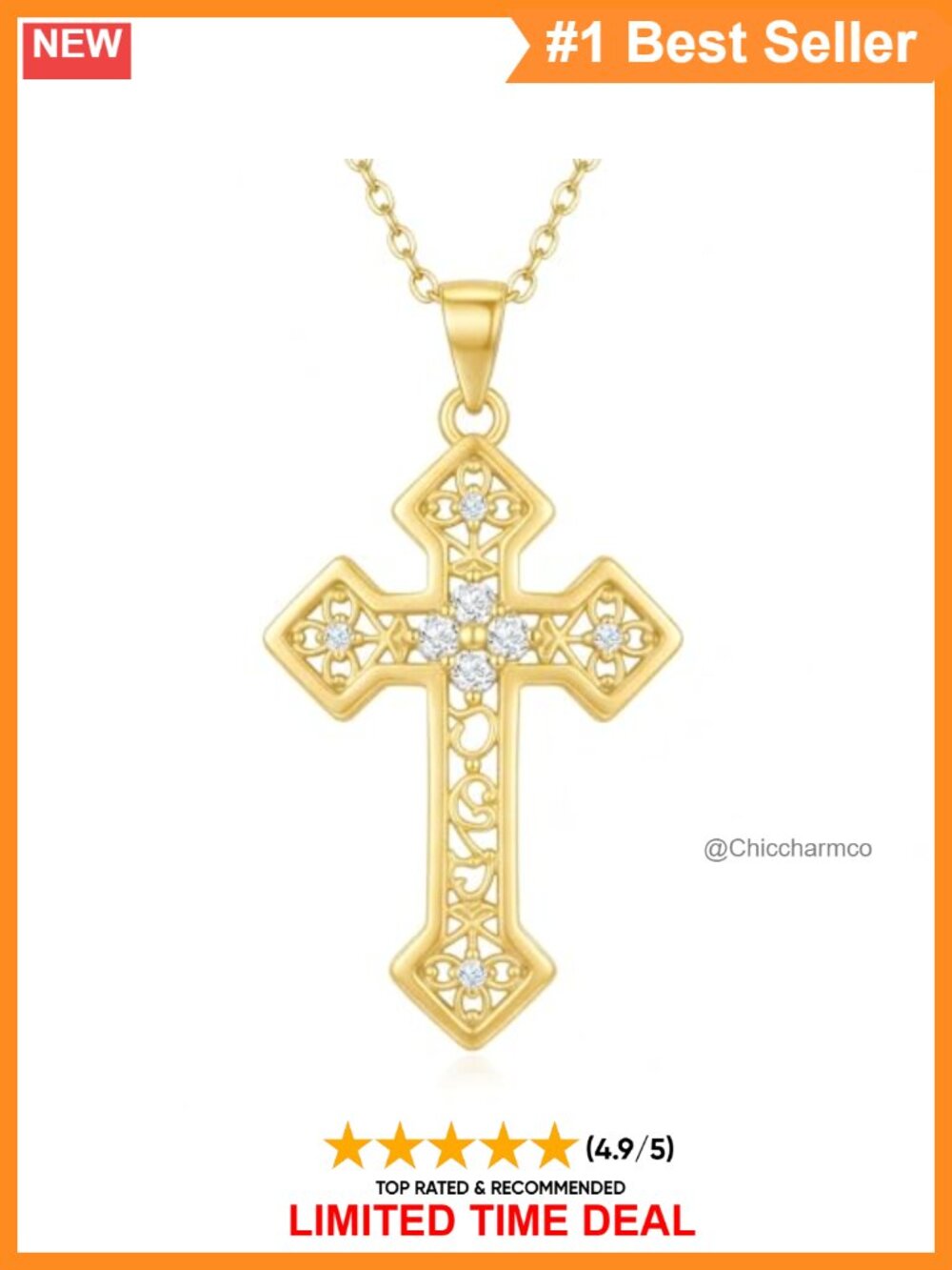 14K Gold Plated Cross Necklace Cubic Zirconia Pendant 20" Rolo Chain